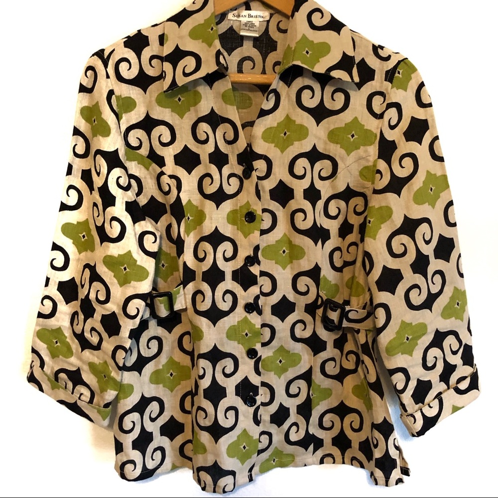 Susan Bristol linen top with  abstract print and adjustment waist tabs.  S-M
